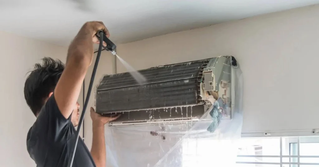 Dust buildup inside HVAC system before professional cleaning