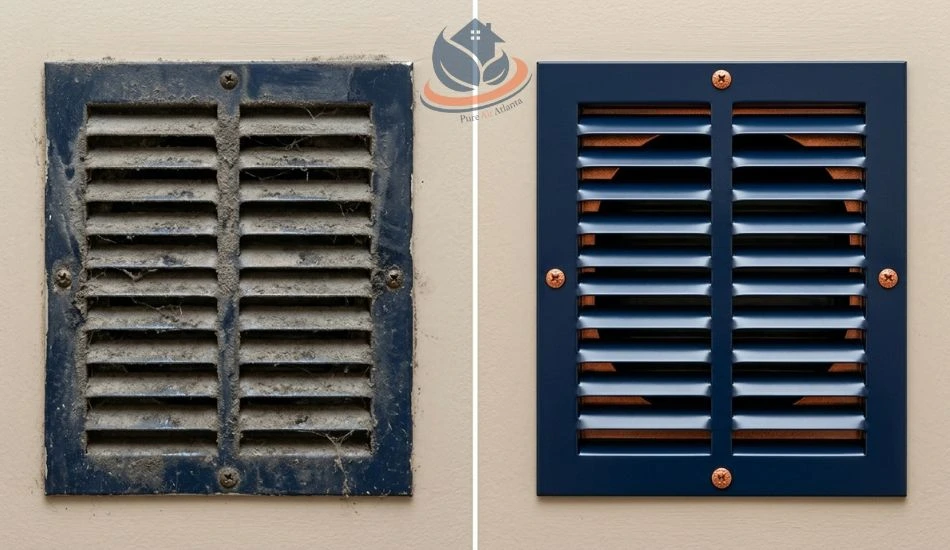 Flat Rate Air Duct Cleaning Atlanta | No Hidden Fees | Pure Air Atlanta 1 Before and after comparison of dirty and clean air duct vent after professional cleaning