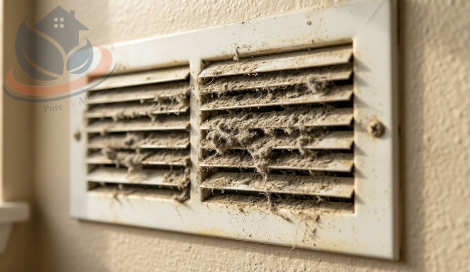 Close-up of a dusty air vent in an Atlanta home showing thick gray dust buildup on white metal slats, signs you need air duct cleaning.