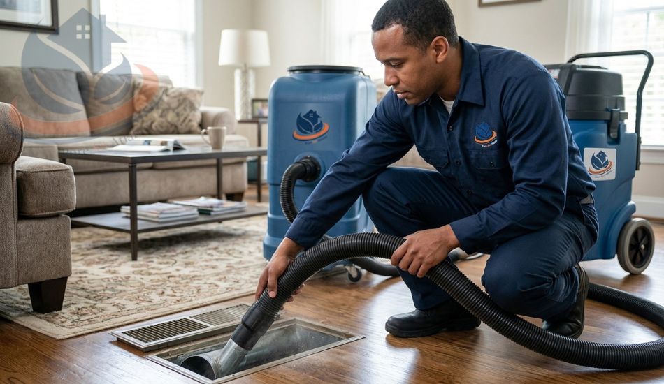 HVAC technician cleaning air ducts in an Atlanta home using a professional vacuum hose inserted into floor register, signs you need air duct cleaning.
