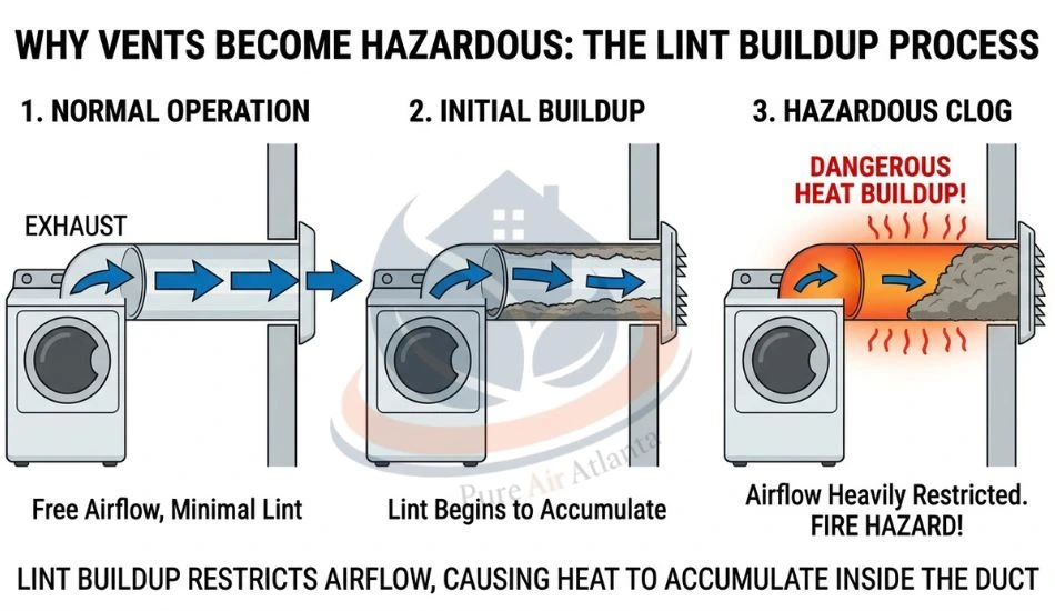 Lint buildup inside dryer vent duct restricting airflow and causing heat buildup Dryer Vent Fire Risk Atlanta