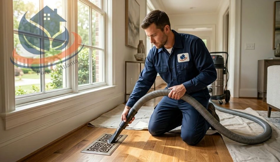 Flat Rate Air Duct Cleaning Atlanta | No Hidden Fees | Pure Air Atlanta 3 Professional air duct cleaning technician cleaning floor vent in Atlanta home