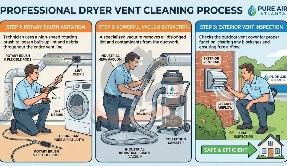 Dryer Vent Fire Risk Atlanta GA | Pure Air Atlanta 2 Pure Air Atlanta technician performing professional dryer vent cleaning process step by step Dryer Vent Fire Risk Atlanta