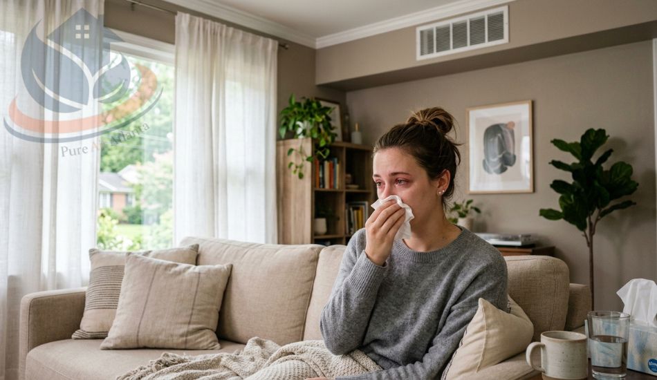 Woman sitting on couch in Atlanta home holding tissue due to allergy symptoms caused by dirty air ducts, signs you need air duct cleaning.