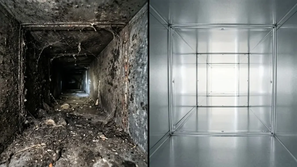 Who Are The Most Reliable Duct Cleaners Near Me For Homes? 2 Before and after residential air duct cleaning Atlanta — dirty duct vs clean duct by Pure Air Atlanta certified technicians
