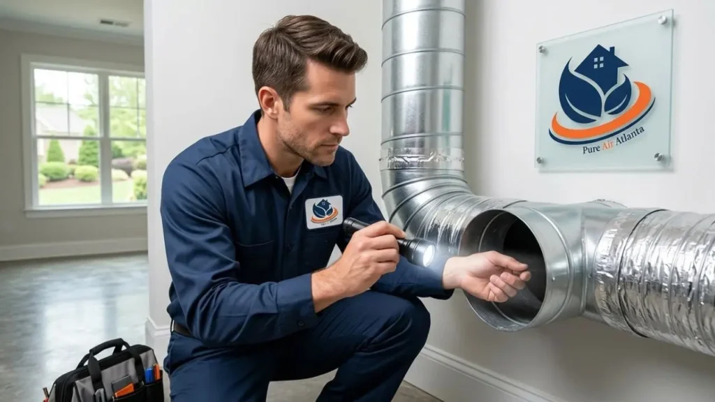 Professional air duct cleaning technician inspecting HVAC ducts in an Alpharetta GA home, air duct cleaning alpharetta ga