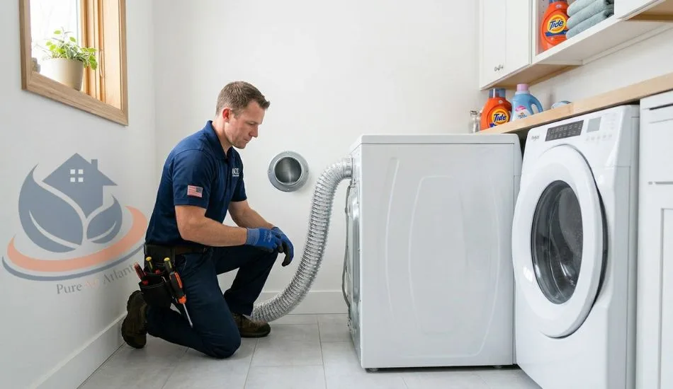 Dryer Vent Cleaning Cost Atlanta | 2026 Pricing Guide | Pure Air Atlanta 1 Professional dryer vent cleaning technician accessing dryer vent in Atlanta home Dryer Vent Cleaning Cost Atlanta