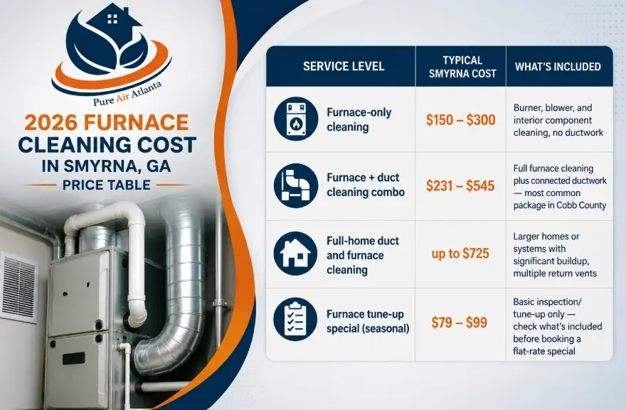Furnace Cleaning Smyrna GA | Cost & What's Included 2 2026 Furnace Cleaning Cost in Smyrna, GA — Price Table