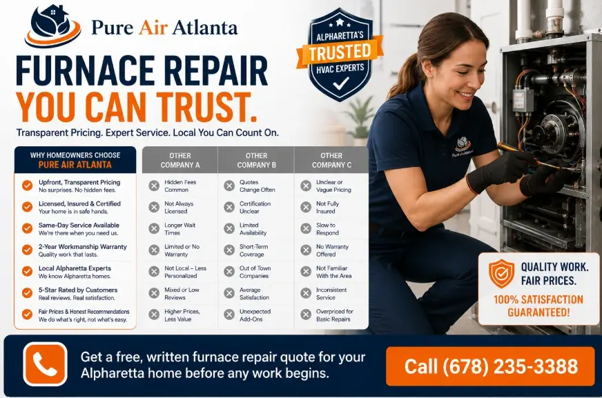 Furnace Repair Cost Alpharetta GA | 2026 Price Guide 3 Get a free, written furnace repair quote for your Alpharetta home before any work begins.Call (678) 235-3388