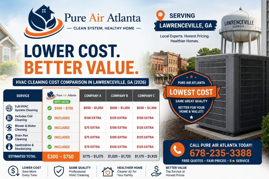 HVAC Cleaning Cost Lawrenceville GA (2026 Breakdown) 1 HVAC cleaning cost Lawrenceville GA — call 678-235-3388 for 2026 pricing