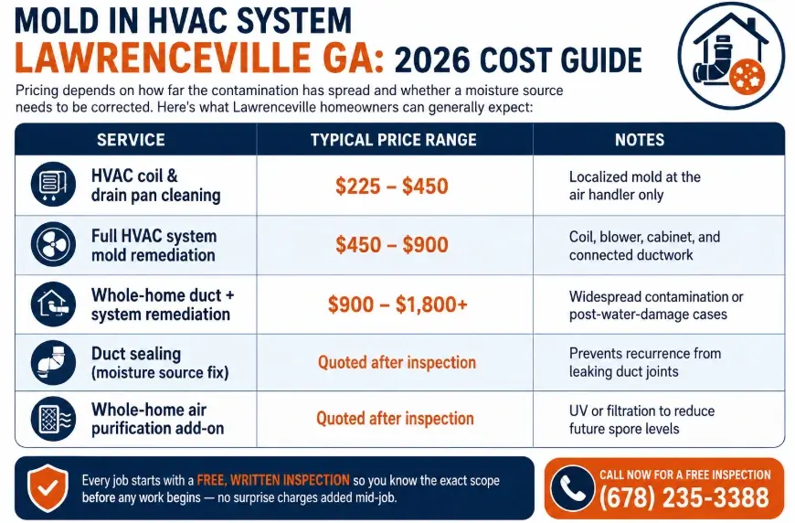 Mold in HVAC System Lawrenceville GA | Signs, Risks & Cost 3 Warning signs, health risks, NADCA remediation process & real 2026 pricing for Lawrenceville, GA homes.