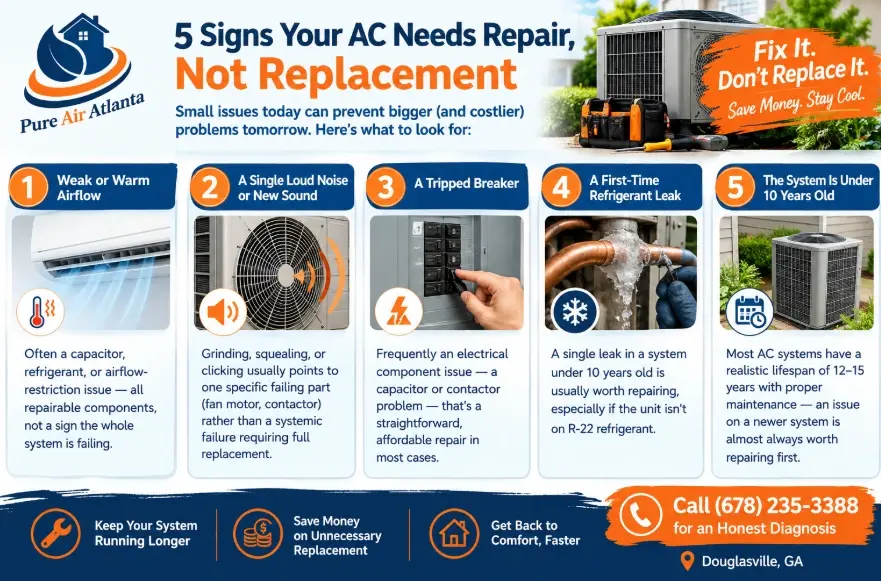 Signs Your AC Needs Repair Douglasville: Repair vs Replace | Pure Air Atlanta 1 (678) 235-3388 — signs your ac needs repair douglasville