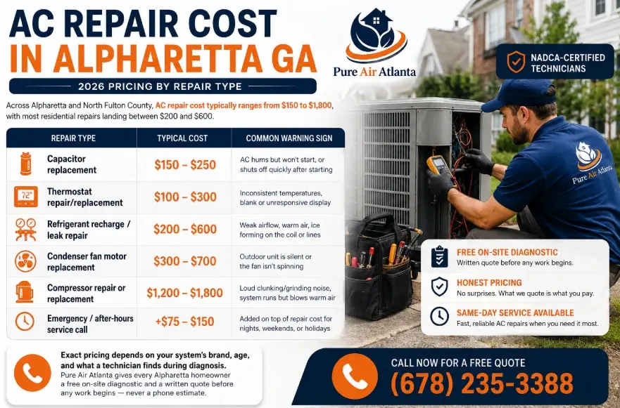 AC Repair Cost in Alpharetta GA: 2026 Pricing by Repair Type