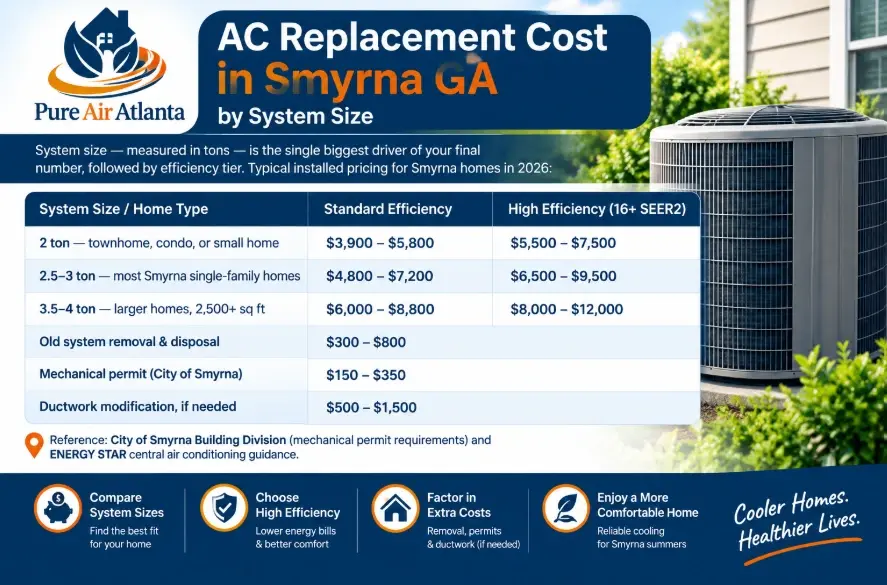 AC Replacement Cost in Smyrna GA by System Size and Efficiency