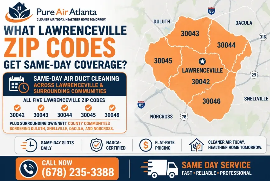 Air Duct Cleaning Same Day Lawrenceville GA guide 2026 3 All five — 30042, 30043, 30044, 30045, and 30046 — plus surrounding Gwinnett County communities bordering Duluth, Snellville, Dacula, and Norcross.