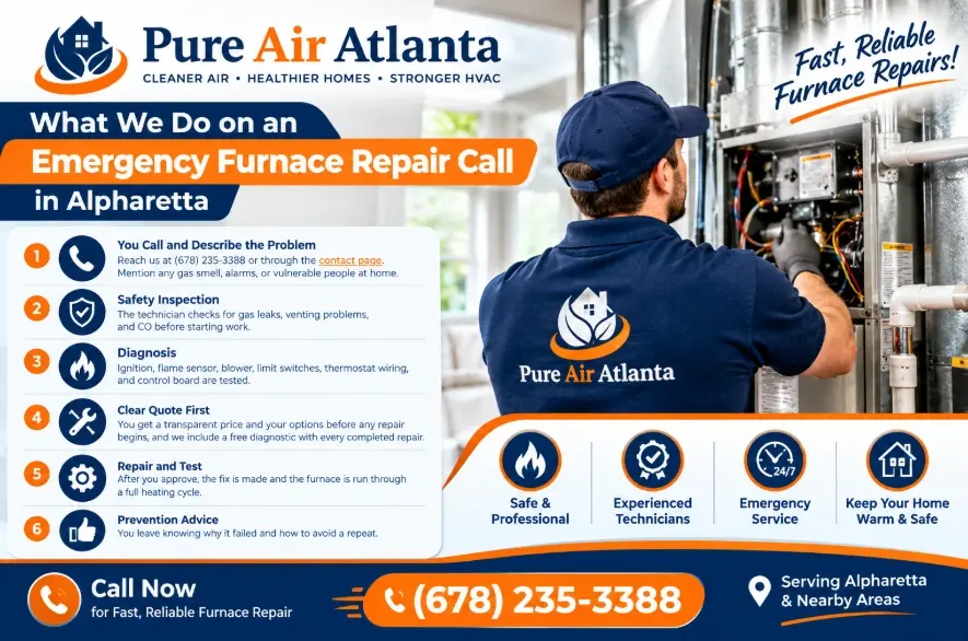 Emergency furnace repair across Alpharetta. Call (678) 235-3388 and tell us it is a no-heat emergency.