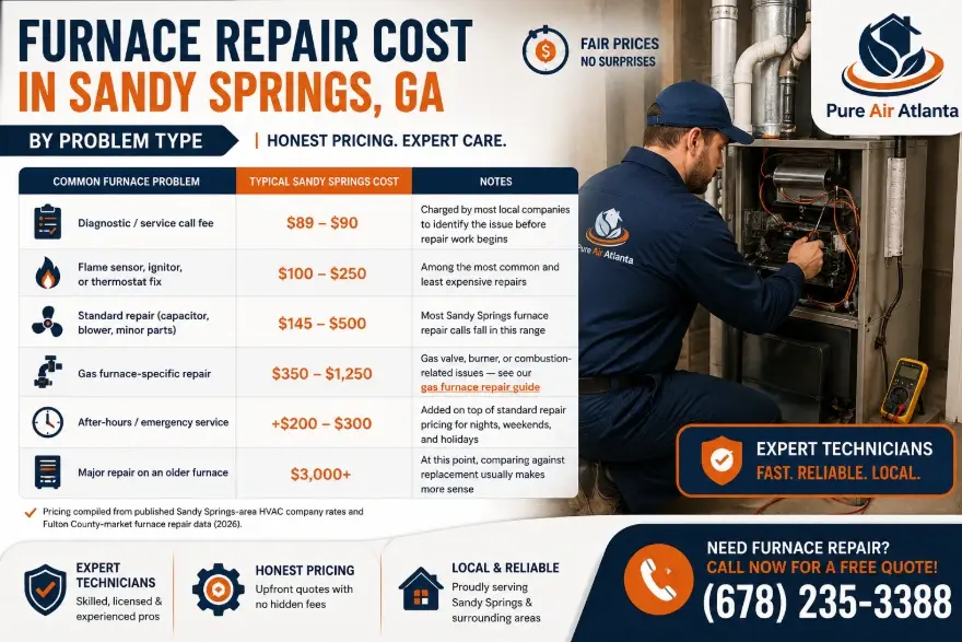 Furnace Repair Sandy Springs GA | Cost & Signs 1 Furnace Repair Cost in Sandy Springs, GA — By Problem Type