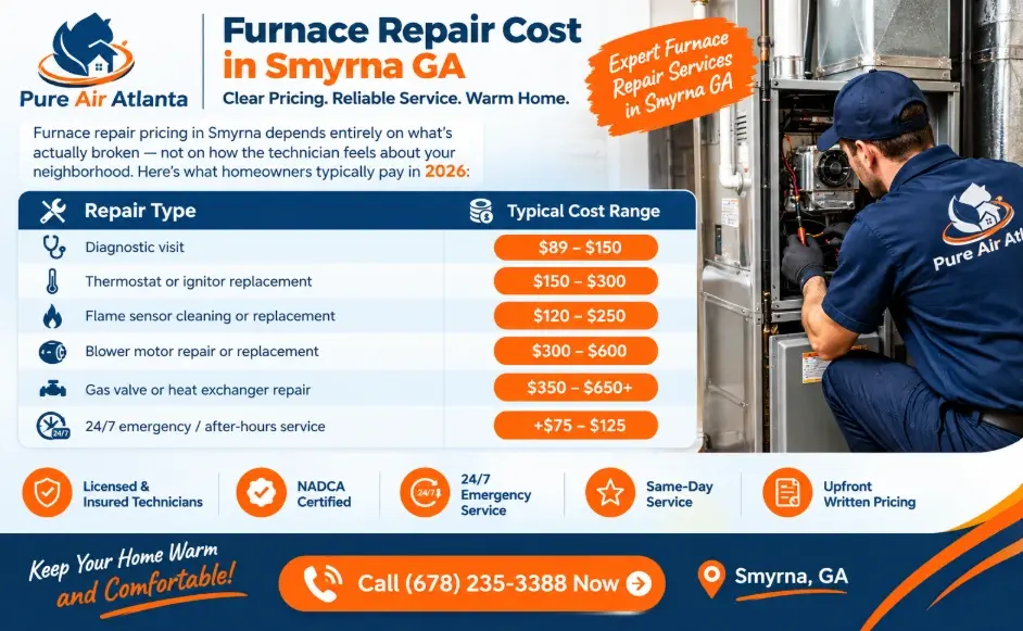 Furnace Repair Cost Smyrna GA | 2026 Price Guide & Warning Signs 1 Furnace Repair Cost in Smyrna GA by Problem Type