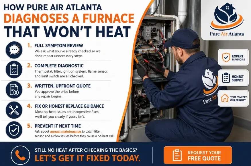 Furnace Not Heating Atlanta? Troubleshooting Guide 2026 2 How Pure Air Atlanta Diagnoses a Furnace That Won't Heat