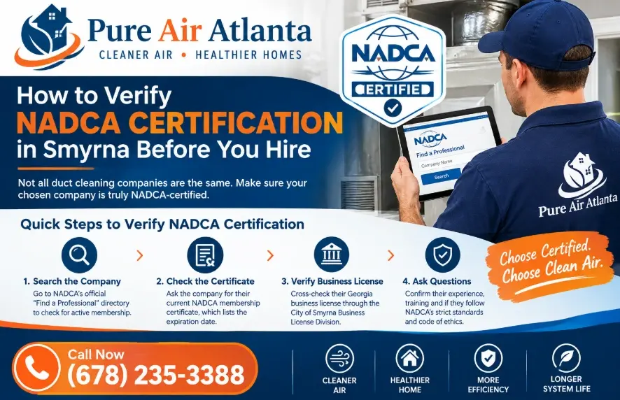 NADCA Certified Duct Cleaning Smyrna: What Certification Actually Means | Pure Air Atlanta 1 How to Verify NADCA Certification in Smyrna Before You Hire