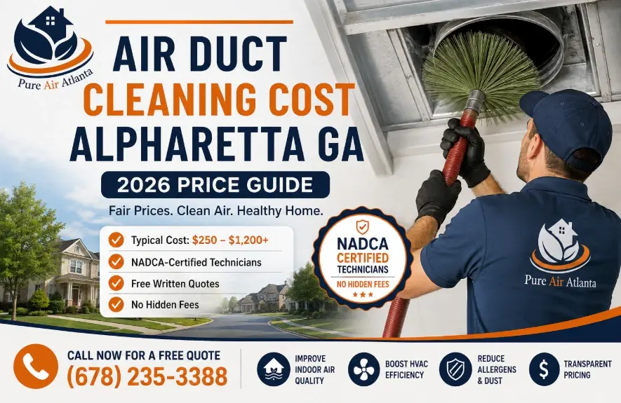 Air Duct Cleaning Cost Alpharetta GA | 2026 Price Guide 2 NADCA-certified techs, free written quotes, no hidden fees. Call (678) 235-3388.