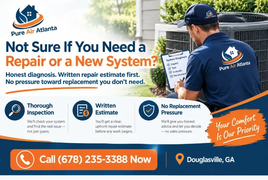 Signs Your AC Needs Repair Douglasville: Repair vs Replace | Pure Air Atlanta 2 Not Sure If You Need a Repair or a New System?