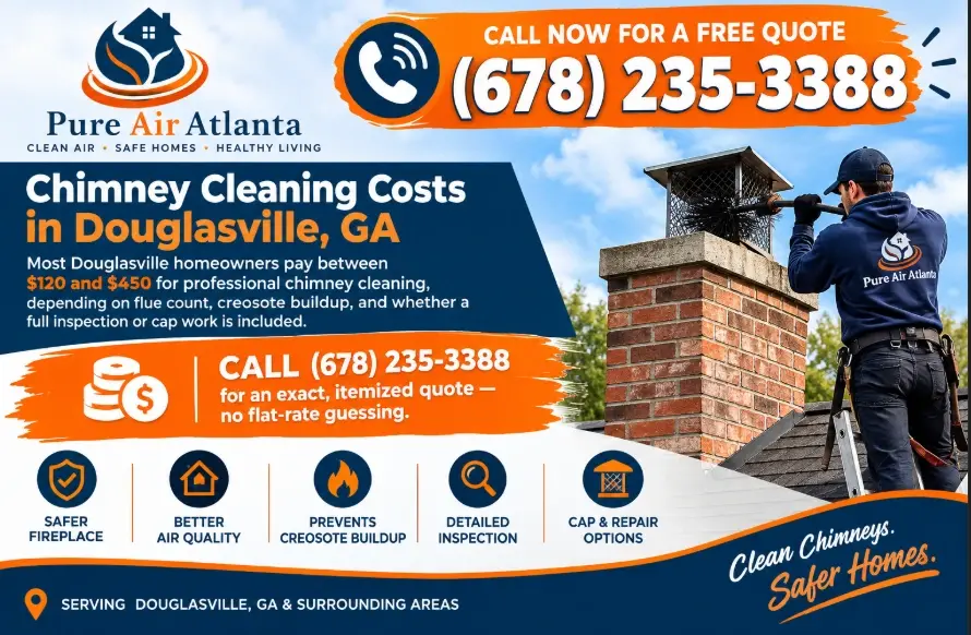 Pure Air Atlanta serves Douglasville alongside Alpharetta and Lawrenceville, and every chimney cleaning quote is itemized before we start — see our full pricing page for other services.