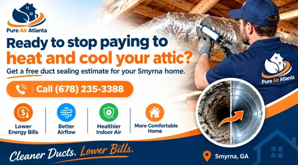 Duct Sealing Cost Smyrna GA: Signs, Pricing & Savings 2 Ready to stop paying to heat and cool your attic? Get a free duct sealing estimate for your Smyrna home