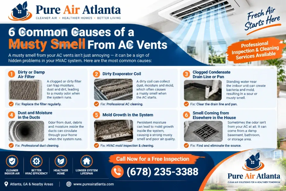 Musty Smell AC Vents Alpharetta: Causes & Fixes | Pure Air 1 6 Common Causes of a Musty Smell From AC Vents