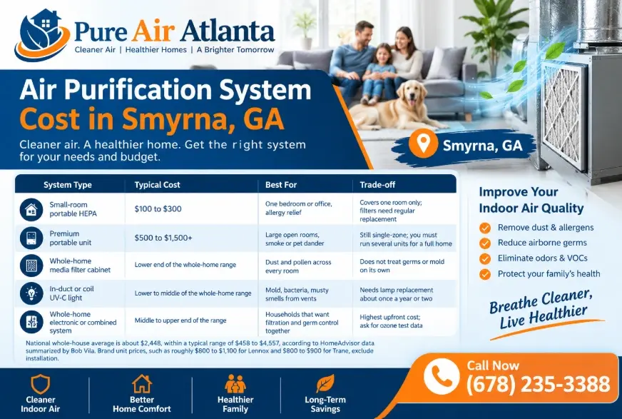 Air Purification Cost Smyrna GA: Systems & How They Work 1 Air Purification System Cost in Smyrna GA by Type