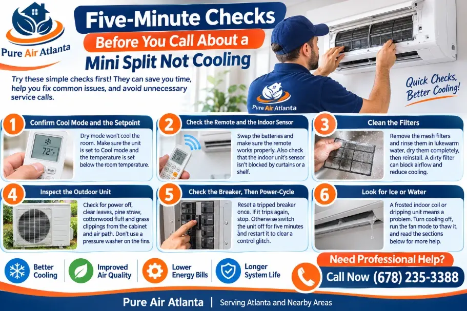 Mini Split Not Cooling in an Atlanta Summer? 8 Causes and What a Tech Checks 2 Five-Minute Checks Before You Call About a Mini Split Not Cooling