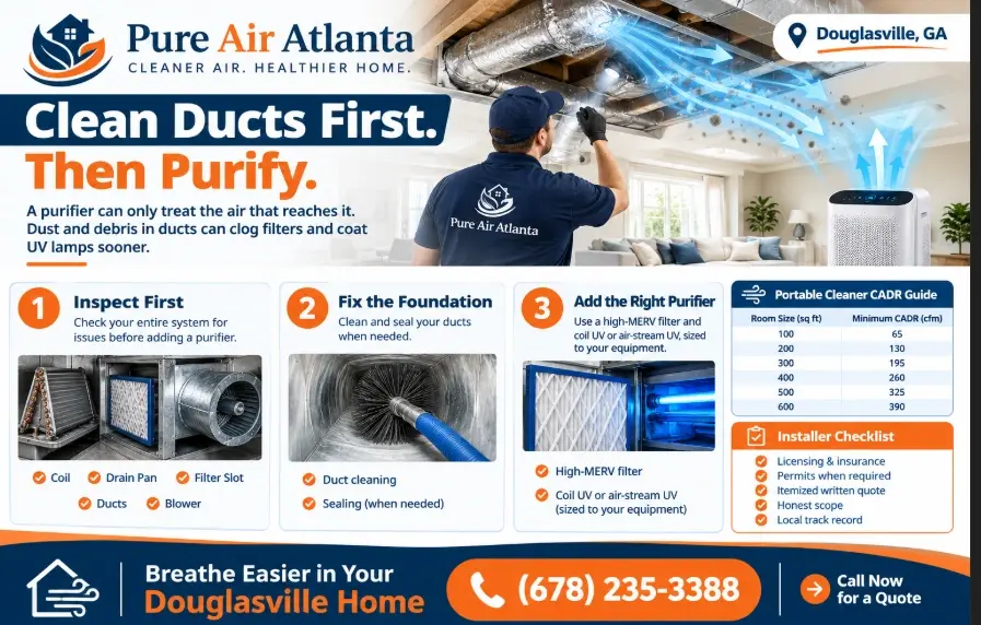 Air Purification Douglasville GA: UV Light & Filters 1 Technician installing a UV light air purifier in a Douglasville GA home HVAC system