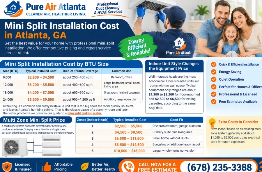 Mini Split Cost Georgia Homeowners Pay, by BTU Size
