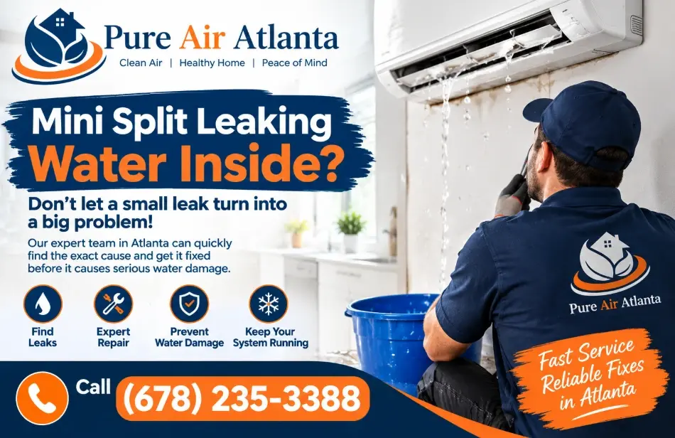 Why Is My Mini Split Leaking Water Inside? Clogged Drain Lines in Humid Georgia 1 Mini split leaking water Atlanta