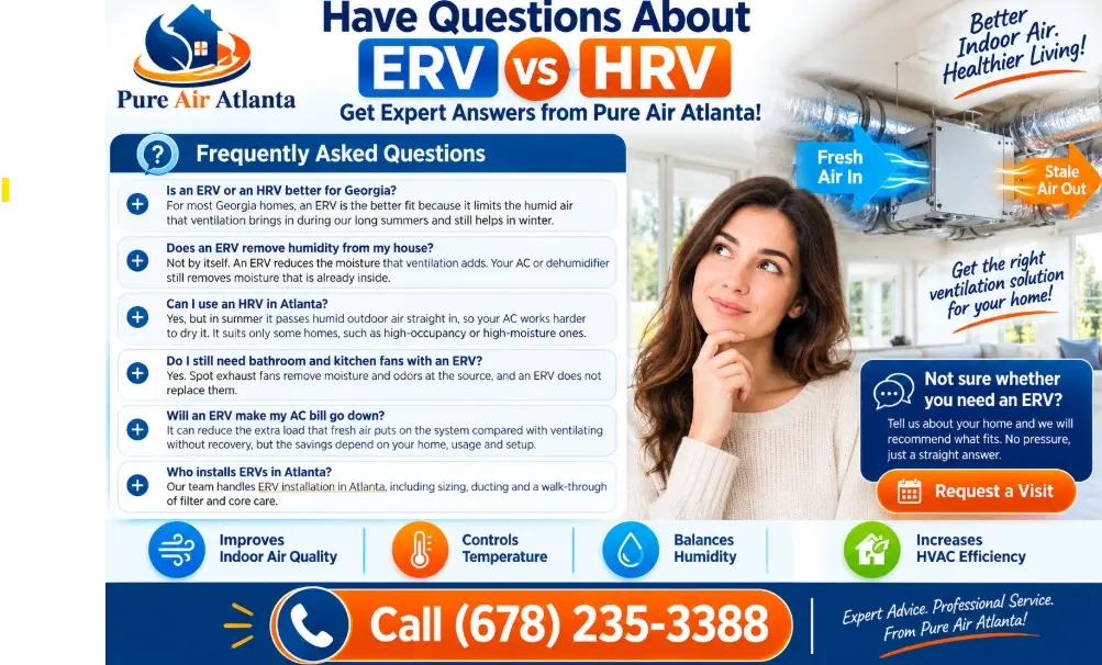 ERV vs HRV Humid Climate Atlanta: Which Is Right for Georgia? | Pure Air Atlanta 3 Our team handles ERV installation in Atlanta, including sizing, ducting and a walk-through of filter and core care. Call (678) 235-3388.