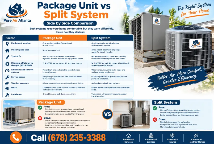 Package Unit vs Split System Atlanta: Best Fit for Georgia Homes 2 Package Unit vs Split System Side by Side