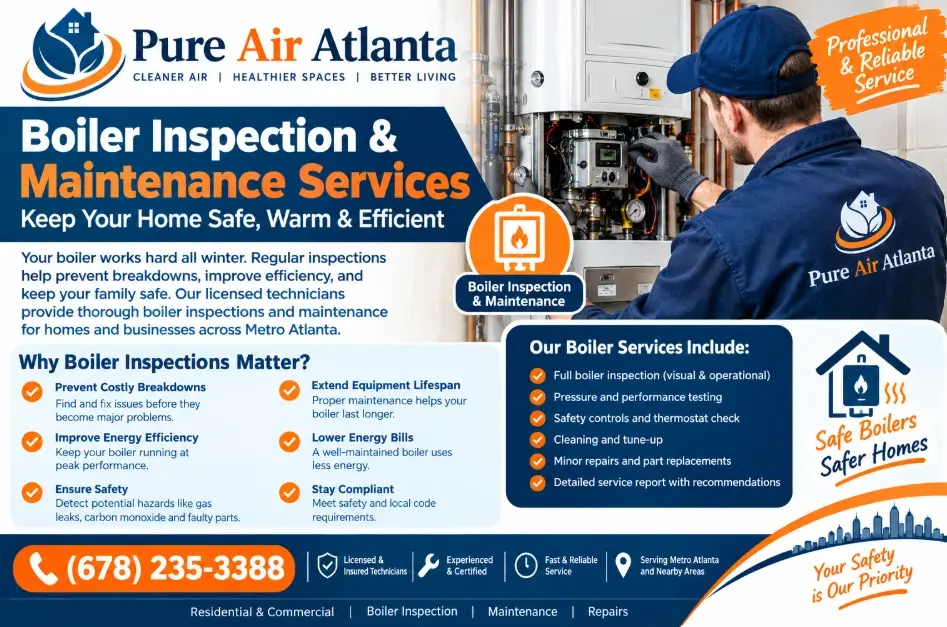 Georgia Boiler Inspection Requirements: Certificate Guide 3 Pure Air Atlanta serves commercial and residential customers across Metro Atlanta locations, including the Atlanta neighborhoods we serve.