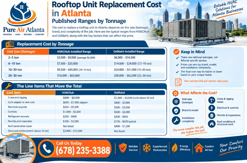 Rooftop Unit Replacement Cost in Atlanta: Published Ranges by Tonnage
