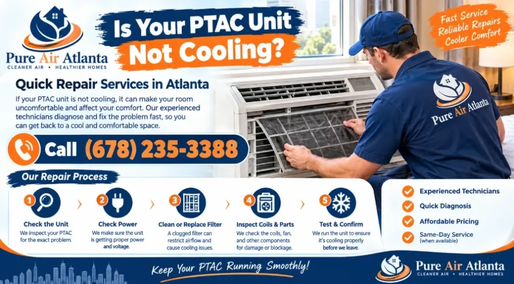 PTAC Not Cooling, Not Heating or Leaking Water: Property Manager's Troubleshooting Guide 3 Rooms down Get a PTAC technician on the schedule Call (678) 235-3388.