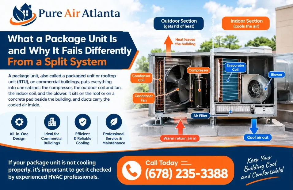 Package Unit Not Cooling? 9 Things to Check Before Calling an Atlanta HVAC Tech 2 What a Package Unit Is and Why It Fails Differently From a Split System