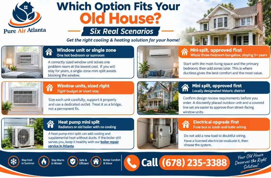Mini Split vs Window AC Old House Atlanta: Guide (2026) 3 Which Option Fits Your Old House? Six Real Scenarios